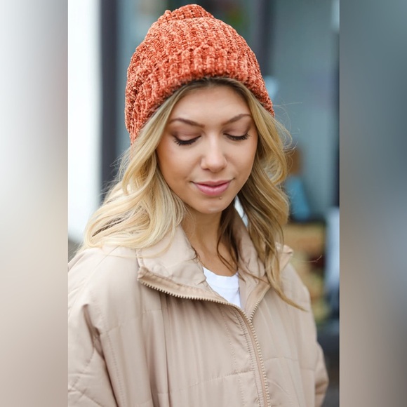 Rust Knit Velvet Chenille Fold Over Beanie - Picture 7 of 10